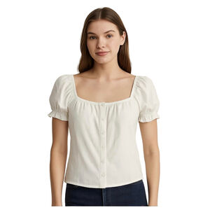 ABOUND cotton linen blend puff sleeves button down top blouse square neck Sz XL